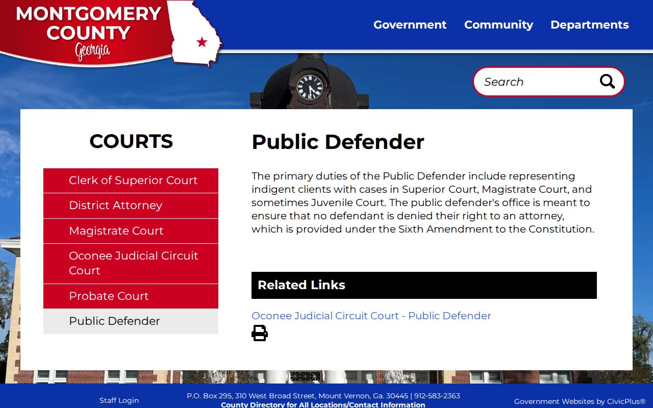 Montgomery County criminal court cases and Oconee Circuit public defense